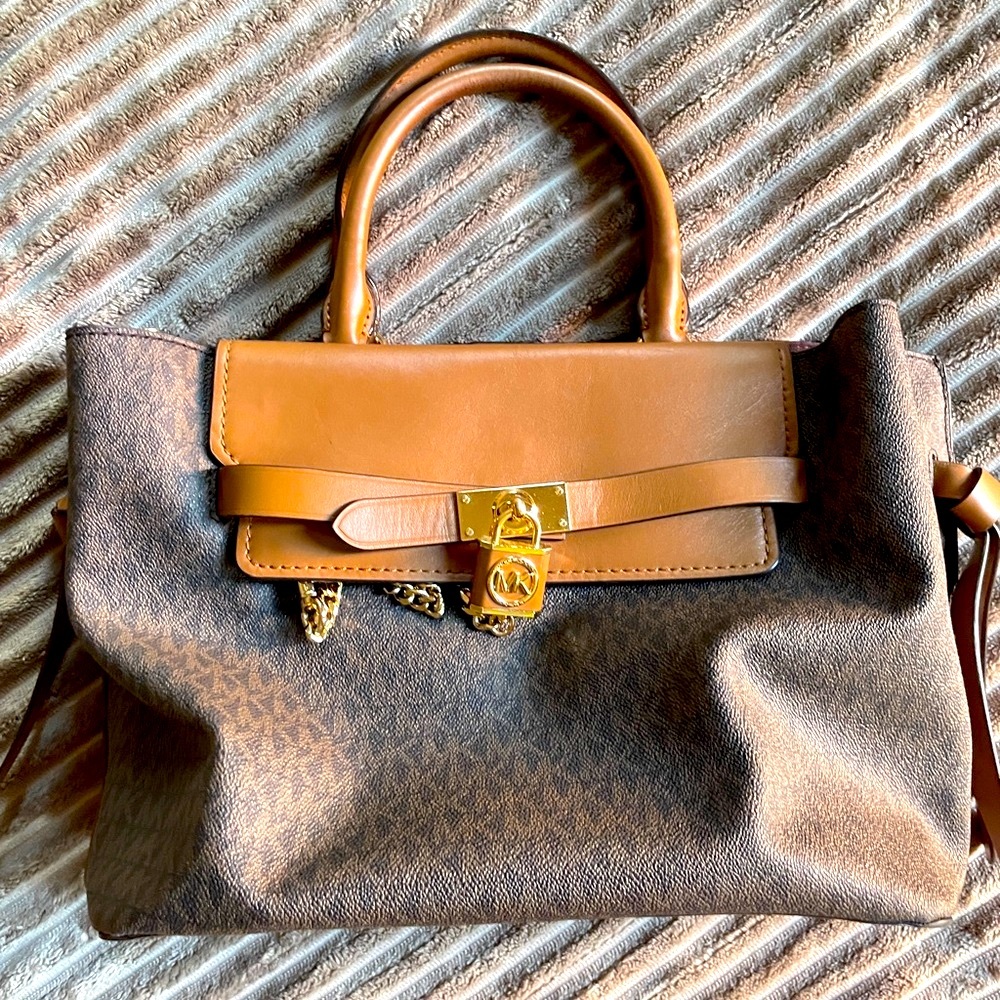 Michael Kors Hamilton Legacy Large Logo Belted Satchel w/Gold Key Lock Accent